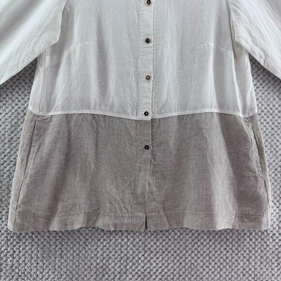 iLinen Top Womens M Beige Linen Colorblock Tunic Button Front Pockets Lagenlook - Picture 3 of 13